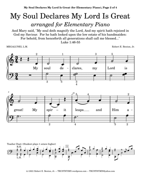 My Soul Declares My Lord Is Great (arranged for Elementary Piano) image number null