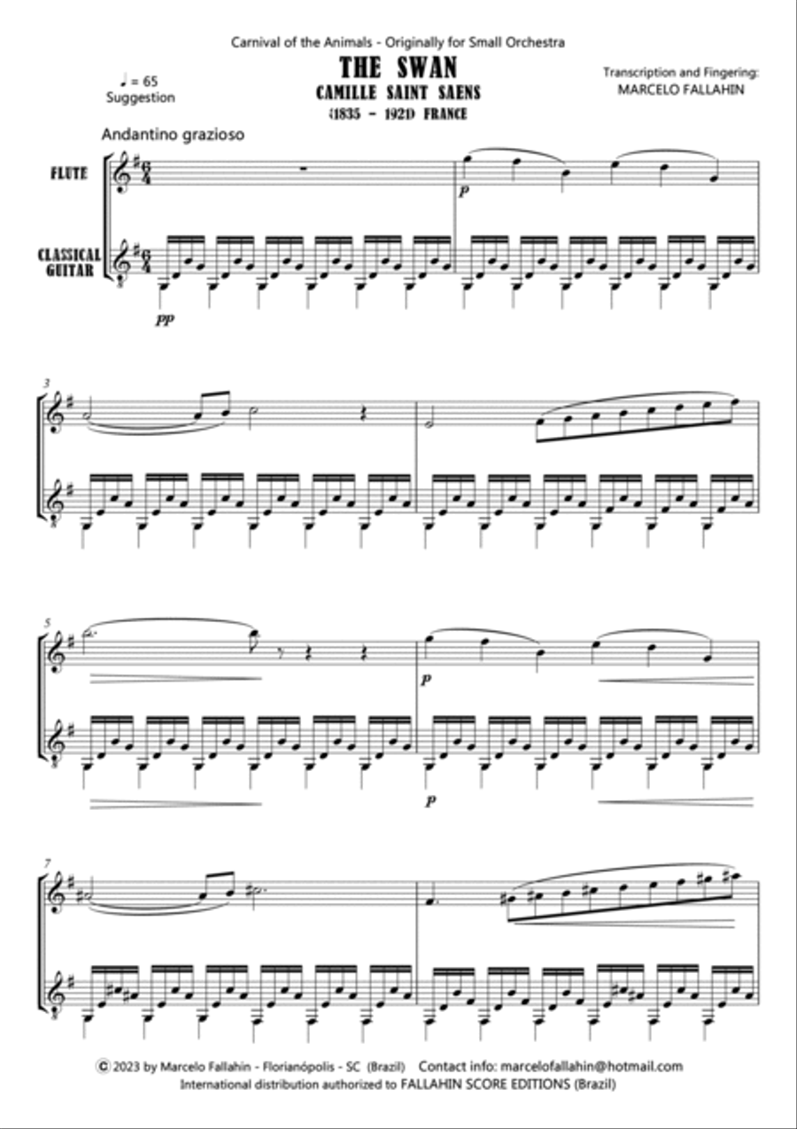 THE SWAN - CAMILLE SAINT SAENS - FOR FLUTE AND GUITAR Chamber Music scores gallery preview page 2