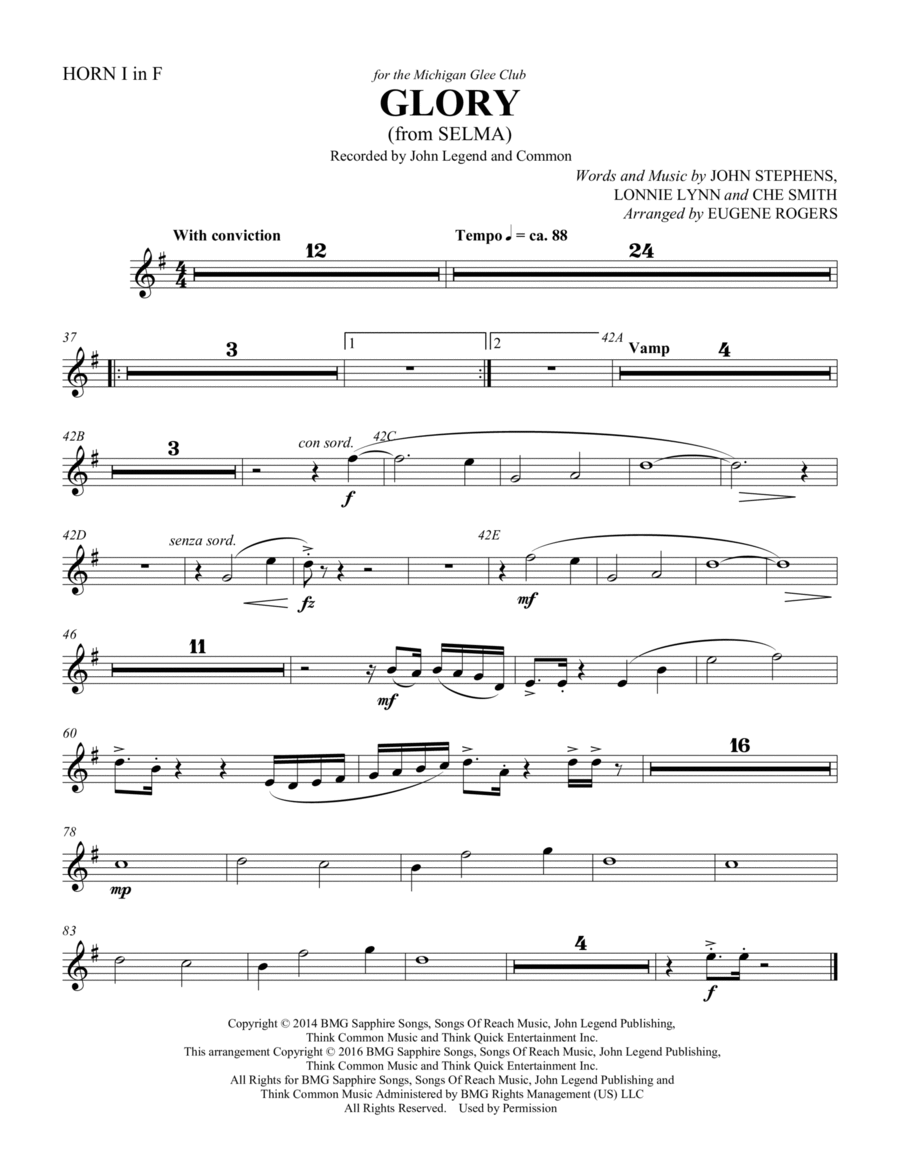 Glory (from Selma) (arr. Eugene Rogers) - Horn 1 in F Choir scores gallery preview page 1