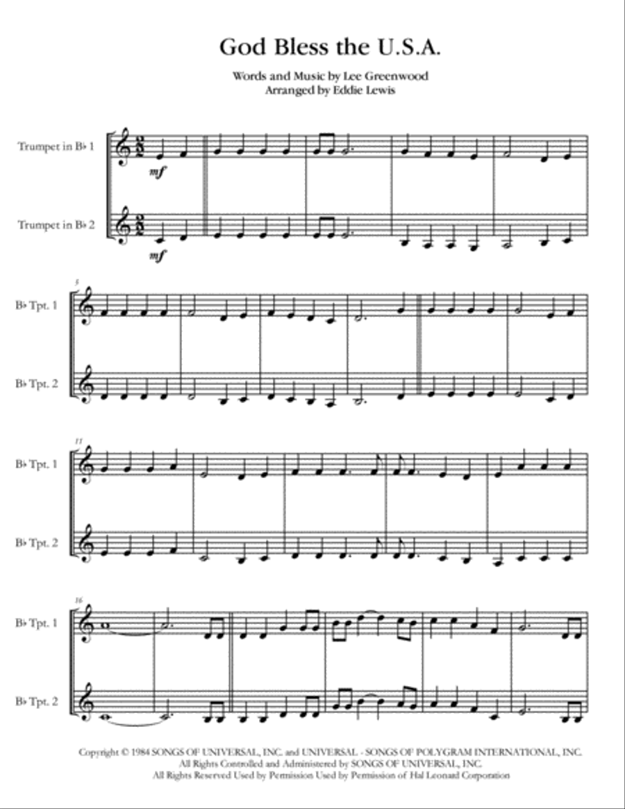 God Bless The U.S.A. Trumpet Duet scores gallery preview page 1