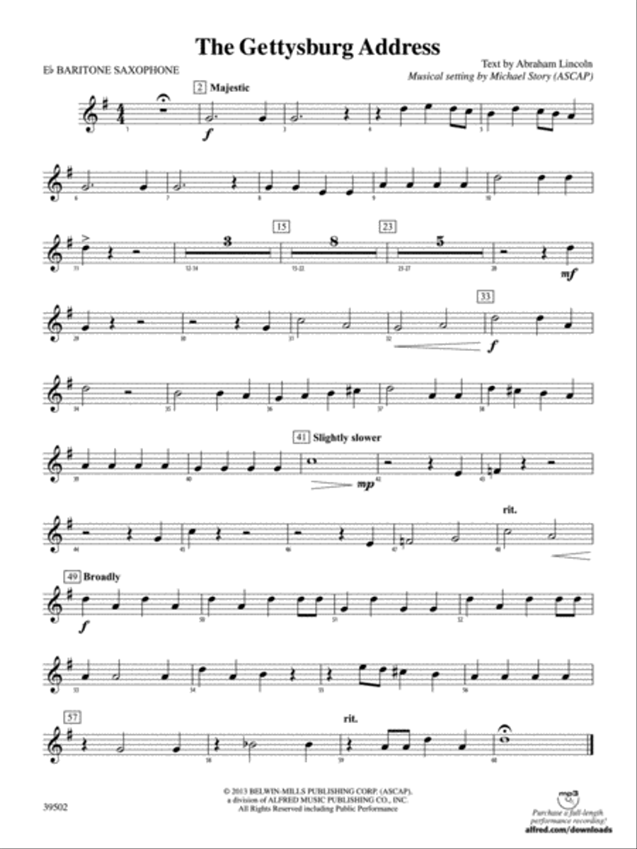 The Gettysburg Address: E-flat Baritone Saxophone Concert Band scores gallery preview page 1