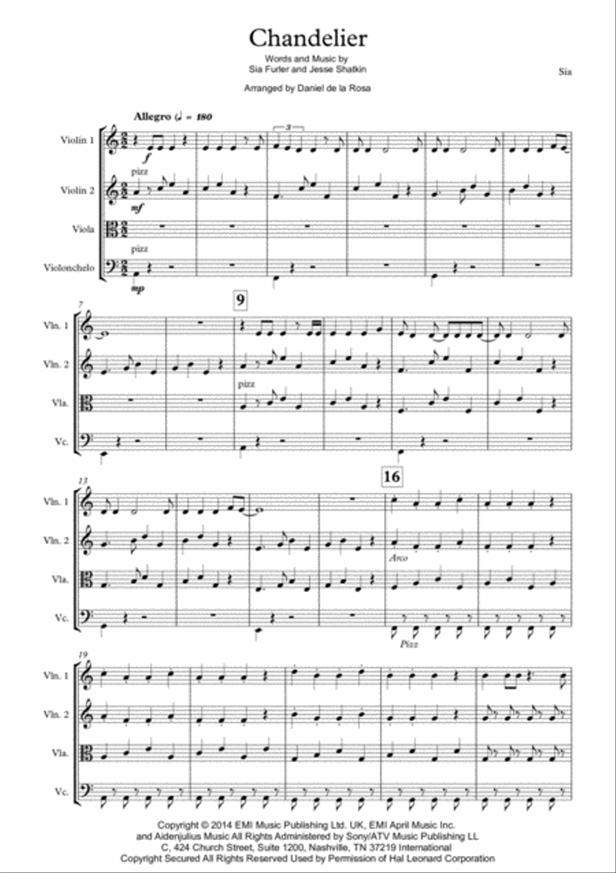 Chandelier Chandelier String Quartet scores gallery preview page 1