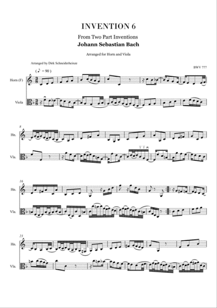 J.S. Bach - INVENTION #6 - Arranged for Horn and Viola Horn scores gallery preview page 1