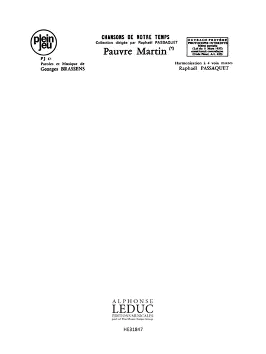 Brassens Chansons Notre Temps Pauvre Martin (passaquet) 4pt Unacc Bk 4-Part scores gallery preview page 1