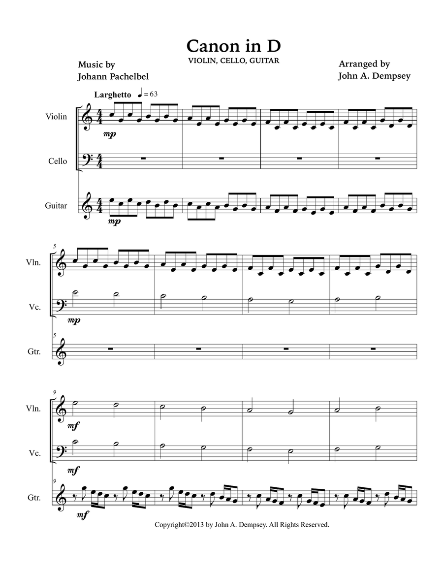 Canon in D (in C major): Trio for Violin, Cello and Guitar Small Ensemble scores gallery preview page 5