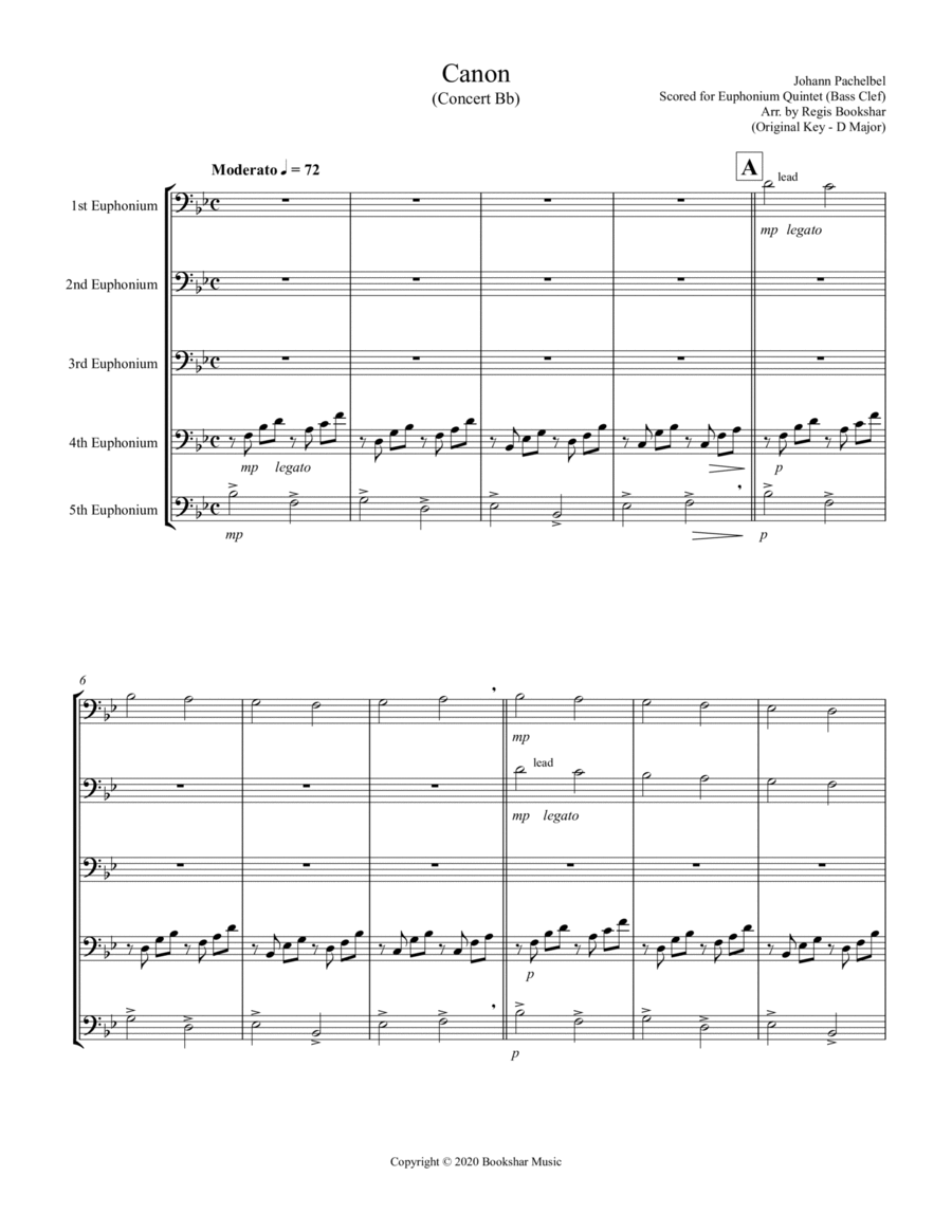 Canon (Pachelbel) (Bb) (Euphonium Quintet - Bass Clef) image number null