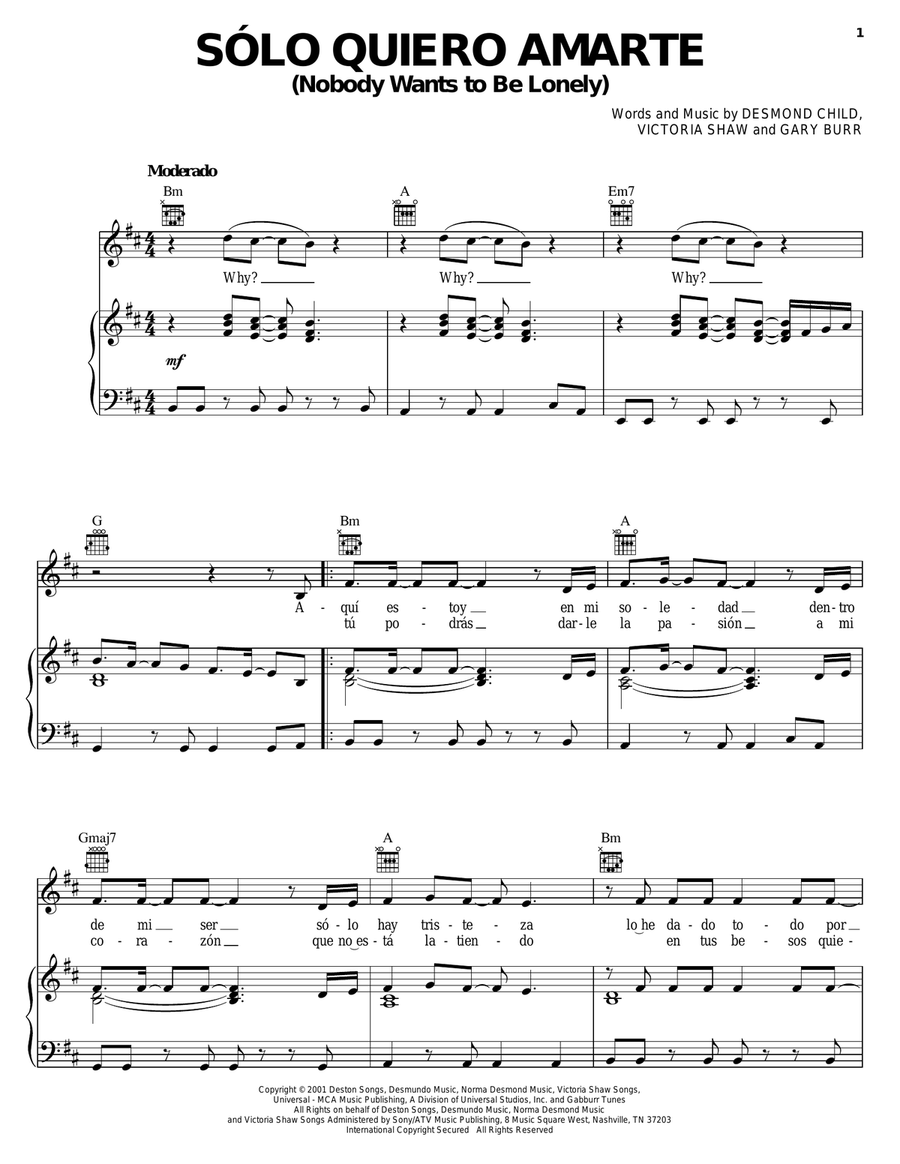 Solo Quiero Amarte (Nobody Wants To Be Lonely) Piano, Vocal, Guitar scores gallery preview page 1