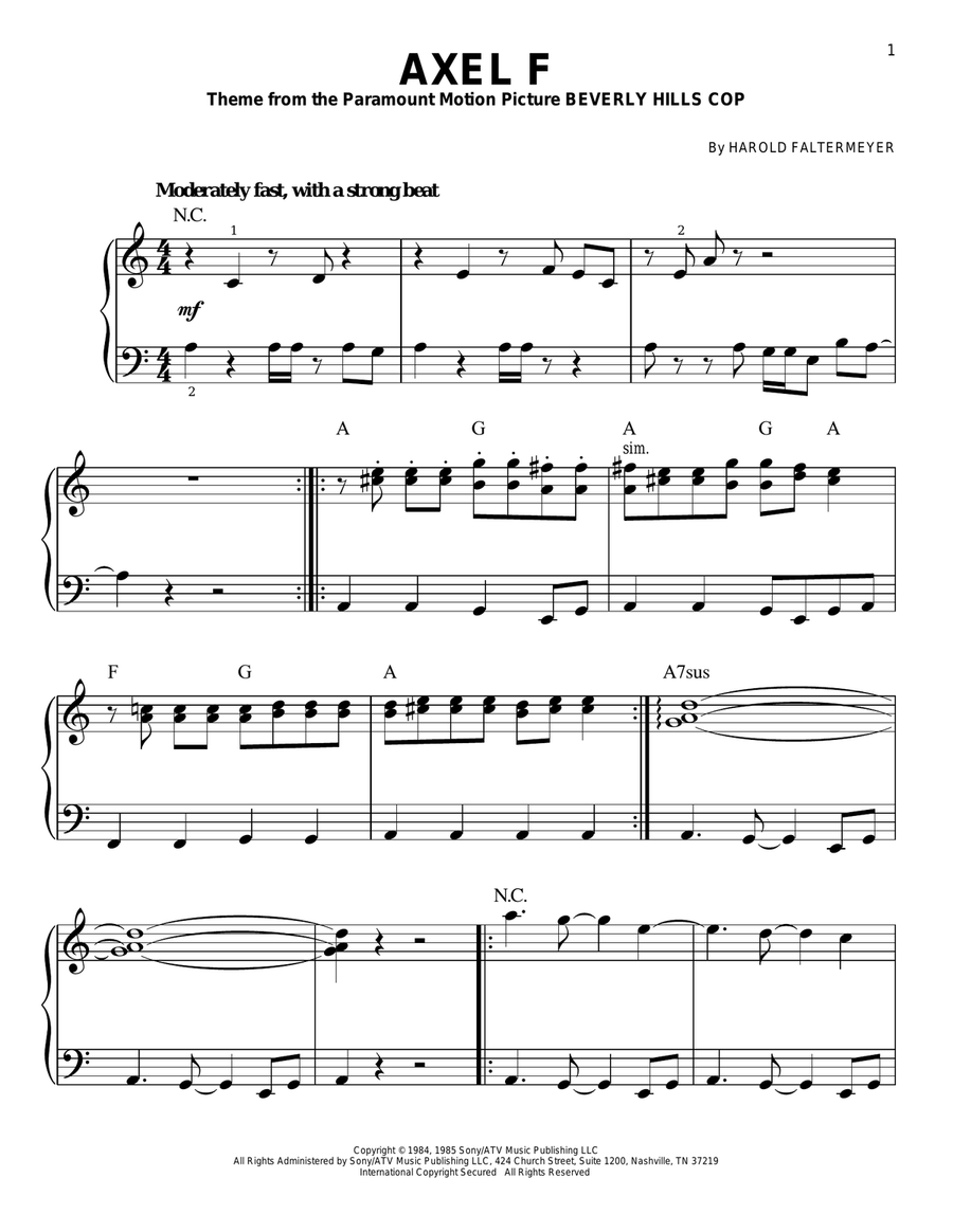 Axel F Easy Piano scores gallery preview page 1