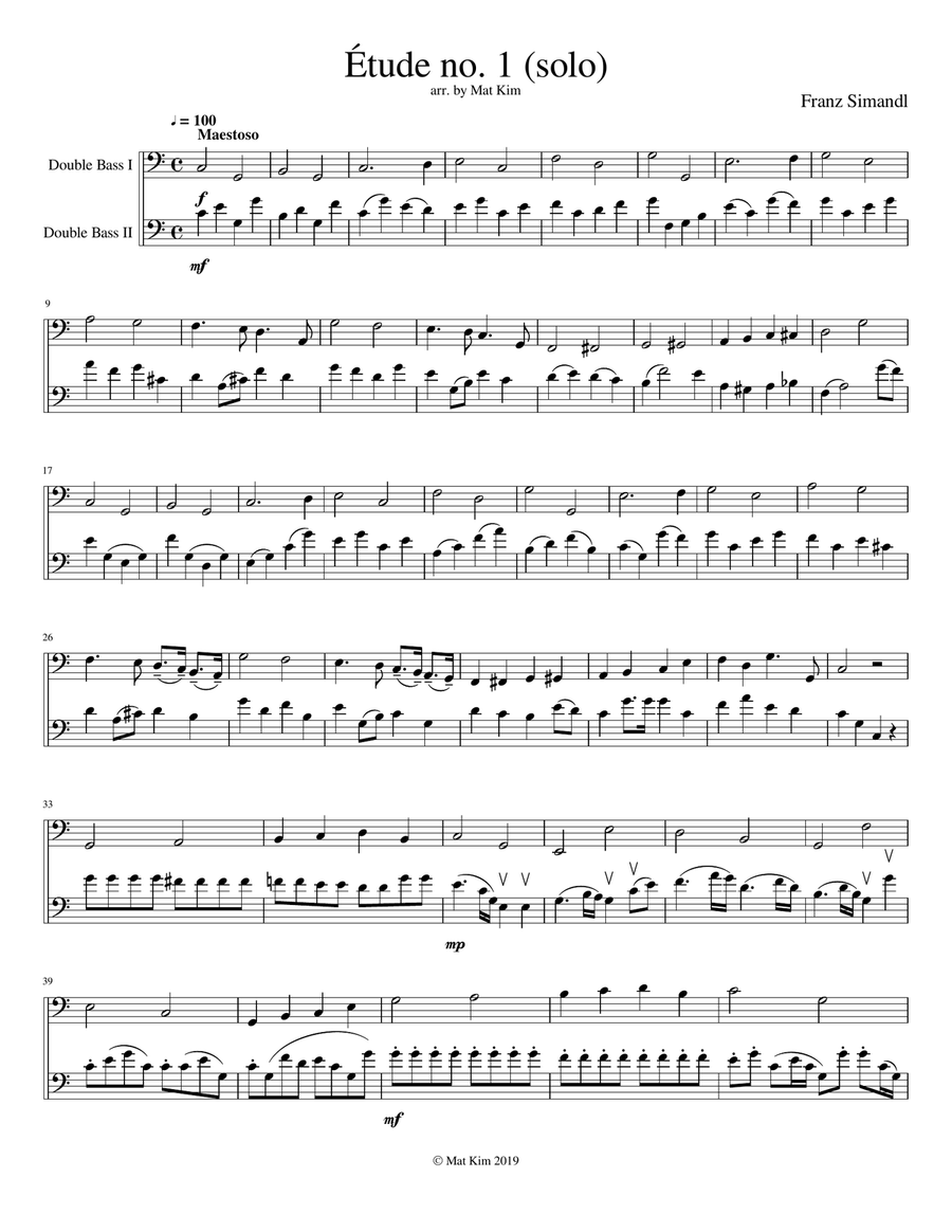 Franz Simandl Étude no. 1 in C Major (Maestoso) for Two Double Basses String Duet scores gallery preview page 1