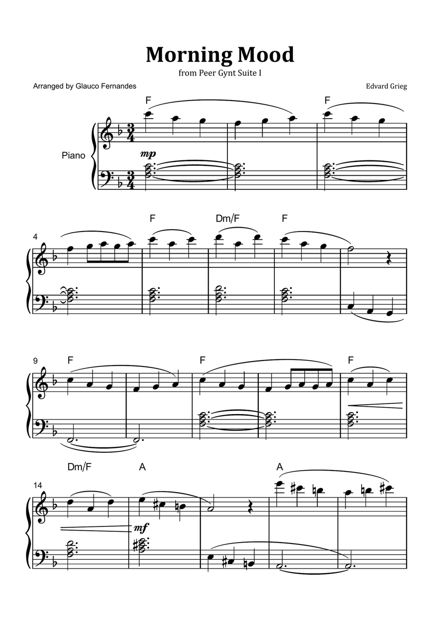 Morning Mood by Grieg - Easy/Intermediate Piano Solo with Chord Notation Piano Method scores gallery preview page 1