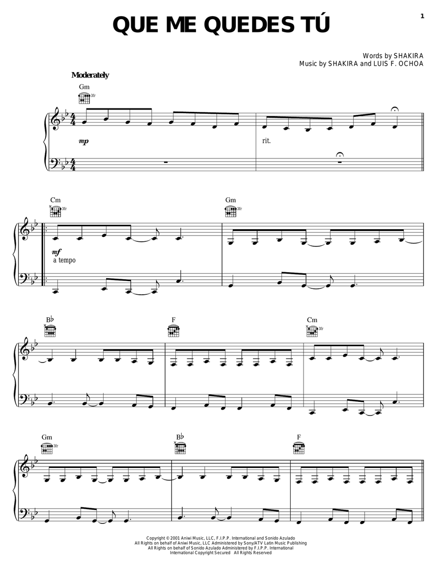 Que Me Quedes Tu Que Me Quedes Tu Piano, Vocal, Guitar scores gallery preview page 1