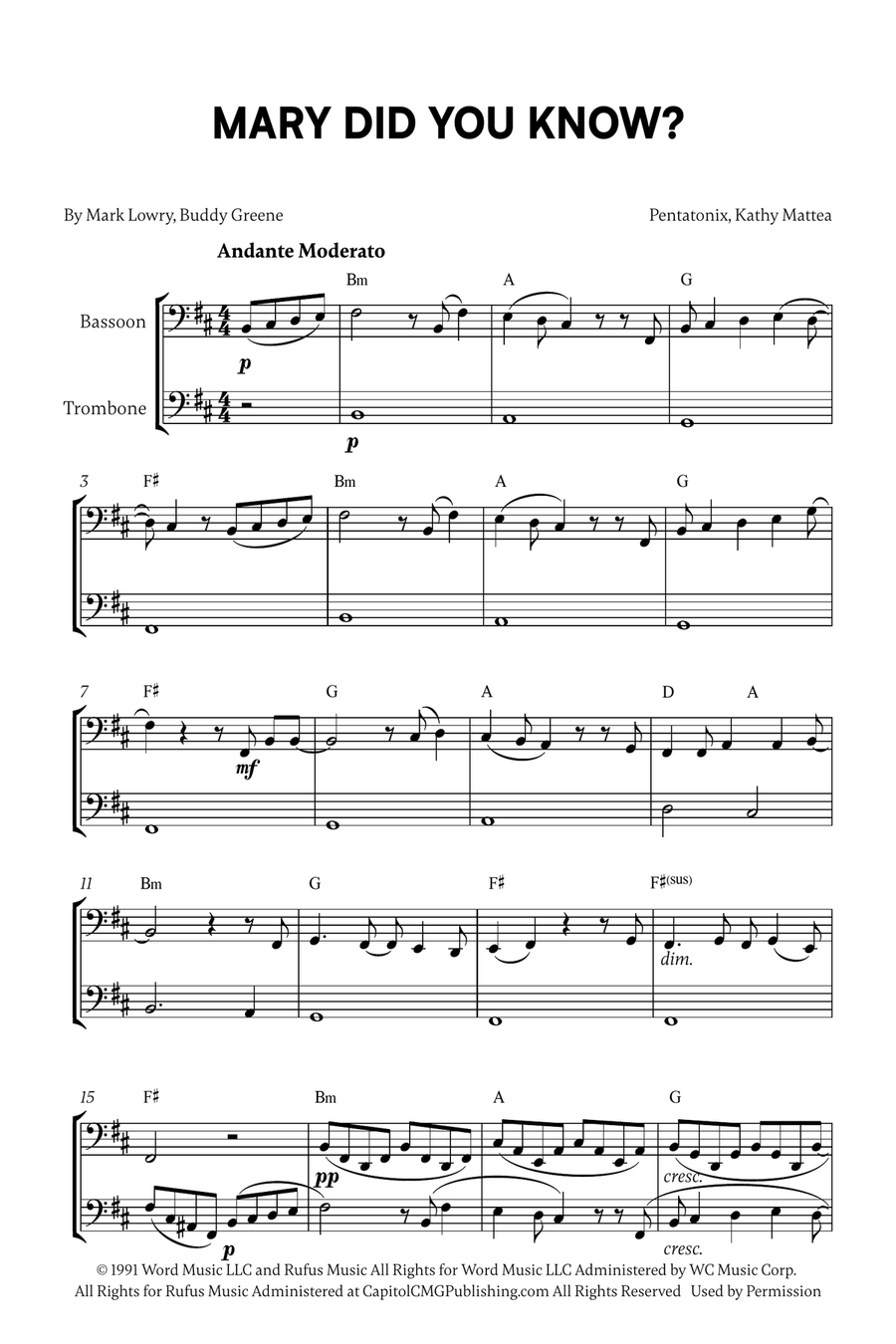 Mary, Did You Know? Mary, Did You Know? Trombone Duet scores gallery preview page 1