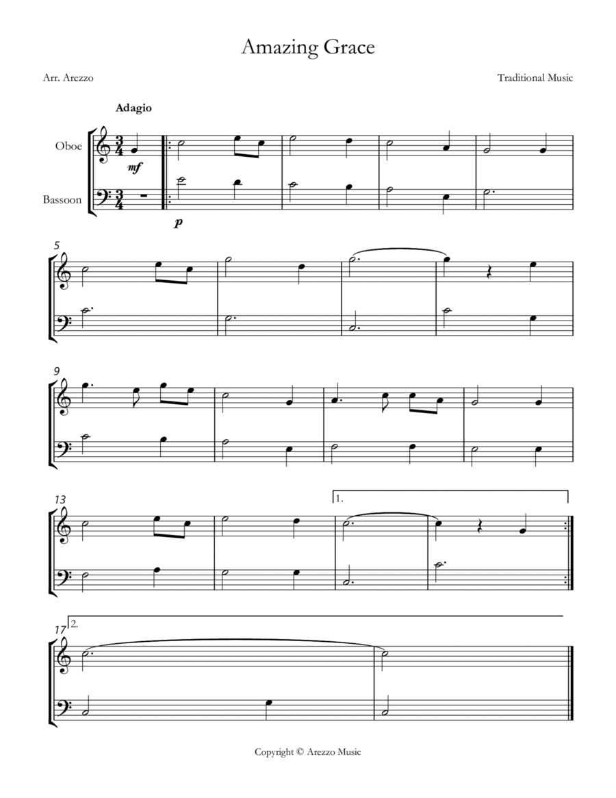 Jonh Newton Amazing Grace Easy Oboe and Bassoon Sheet Music C major image number null