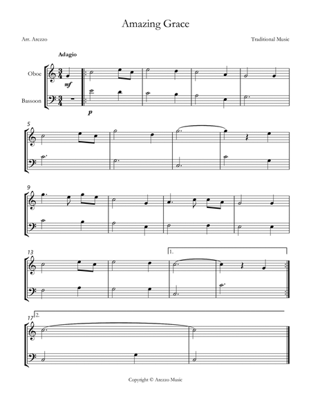 Jonh Newton Amazing Grace Easy Oboe and Bassoon Sheet Music C major image number null