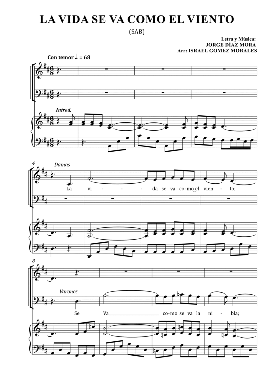 La Vida se va como el viento SAB 3-Part scores gallery preview page 1