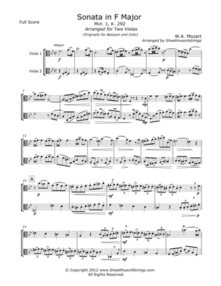 Mozart, W. - Sonata in F (Mvt. 1) for Two Violas