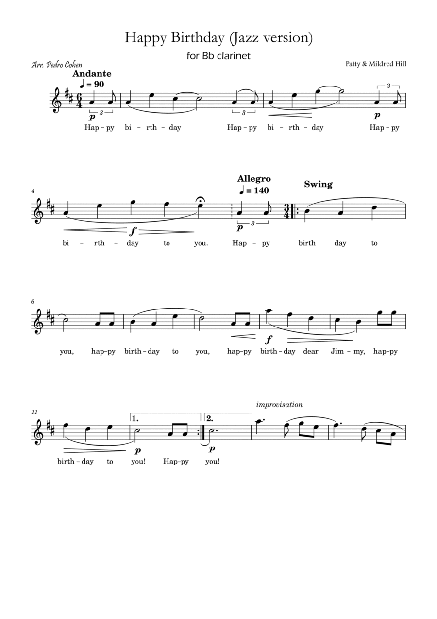 Happy Birthday (jazz version) B-Flat Clarinet scores gallery preview page 1