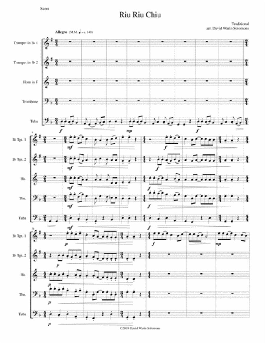 Riu Riu Chiu arranged for brass quintet Brass Quintet scores gallery preview page 1