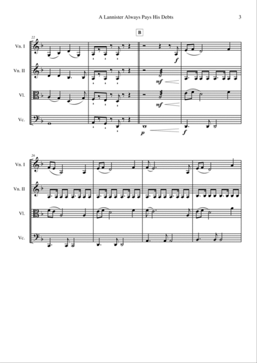 A Lannister Always Pays His Debts String Quartet scores gallery preview page 3