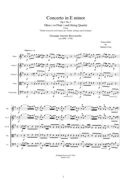 Brescianello - Concerto in E minor Op.1 No.7 for Oboe (or Flute) and String Quartet image number null