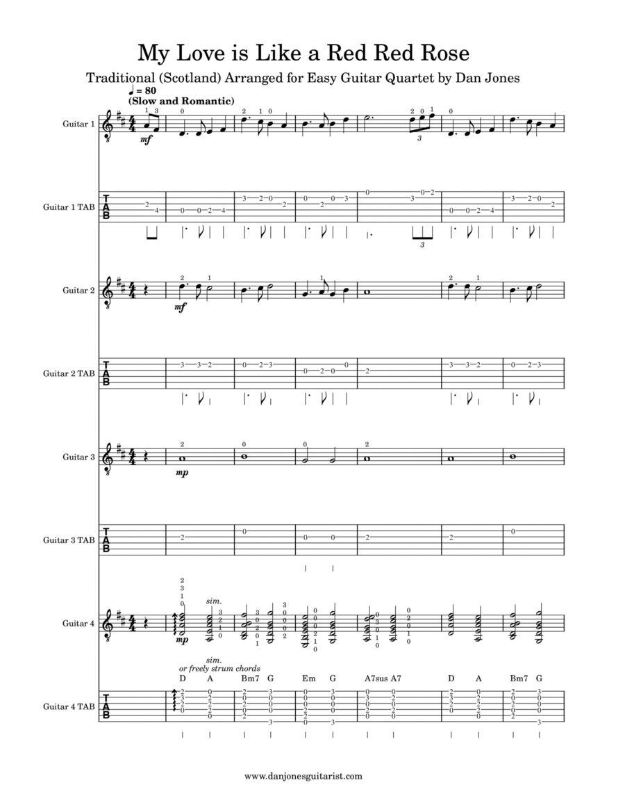 My Love is Like a Red, Red Rose (Guitar Quartet Version) Guitar Ensemble scores gallery preview page 1