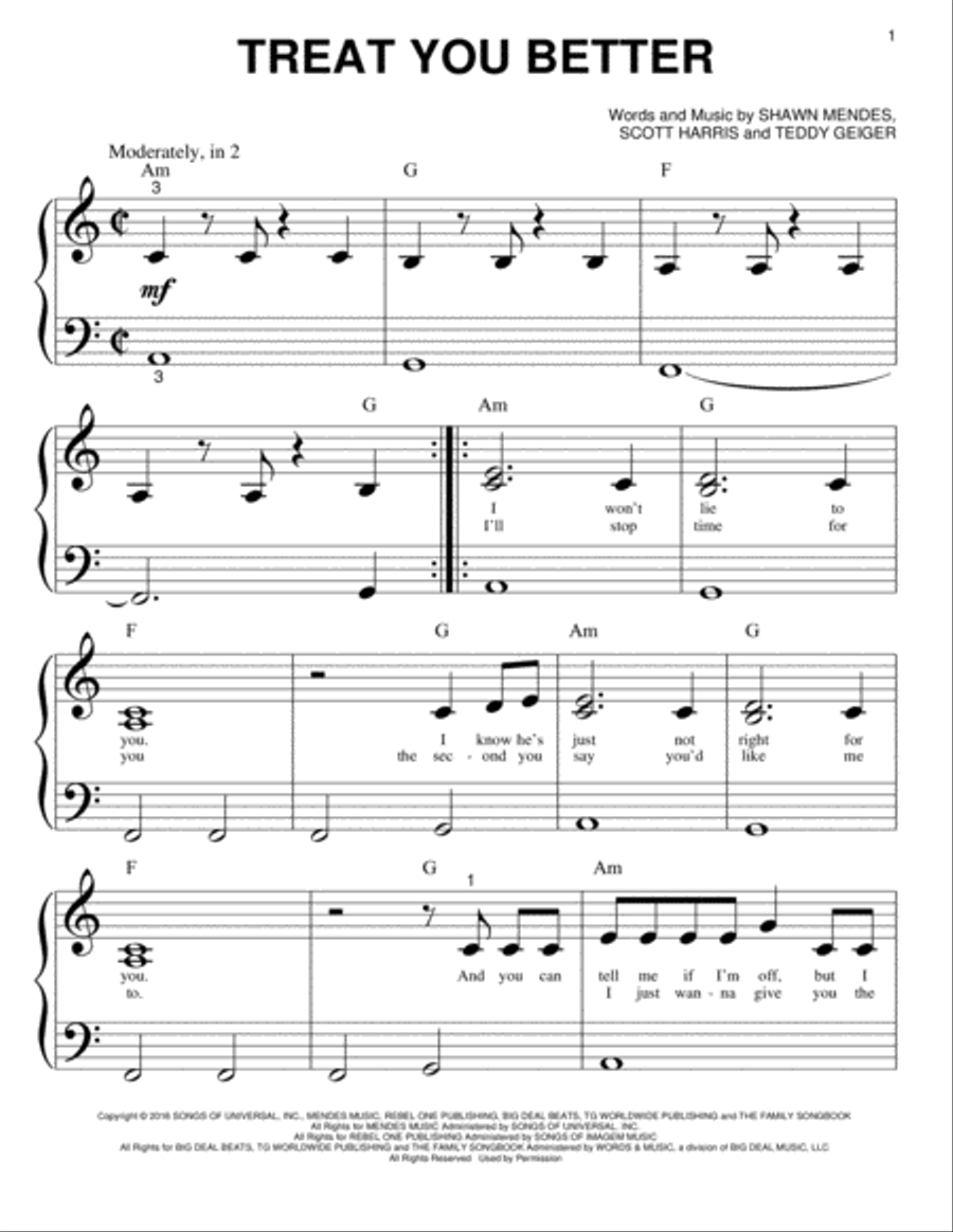 Treat You Better Easy Piano scores gallery preview page 1