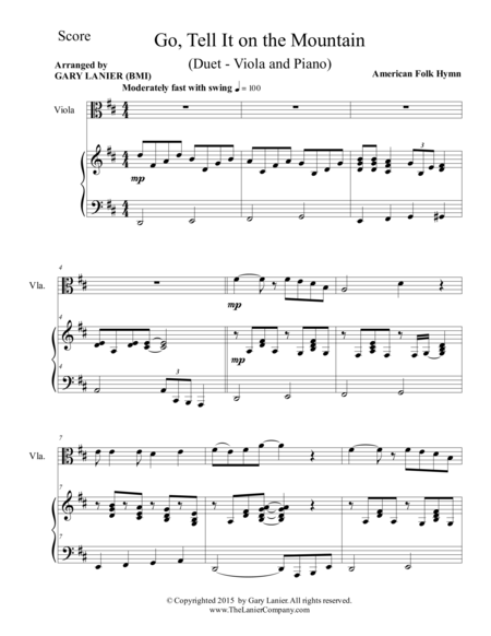 GO, TELL IT ON THE MOUNTAIN (Duet – Viola and Piano/Score and Parts) image number null
