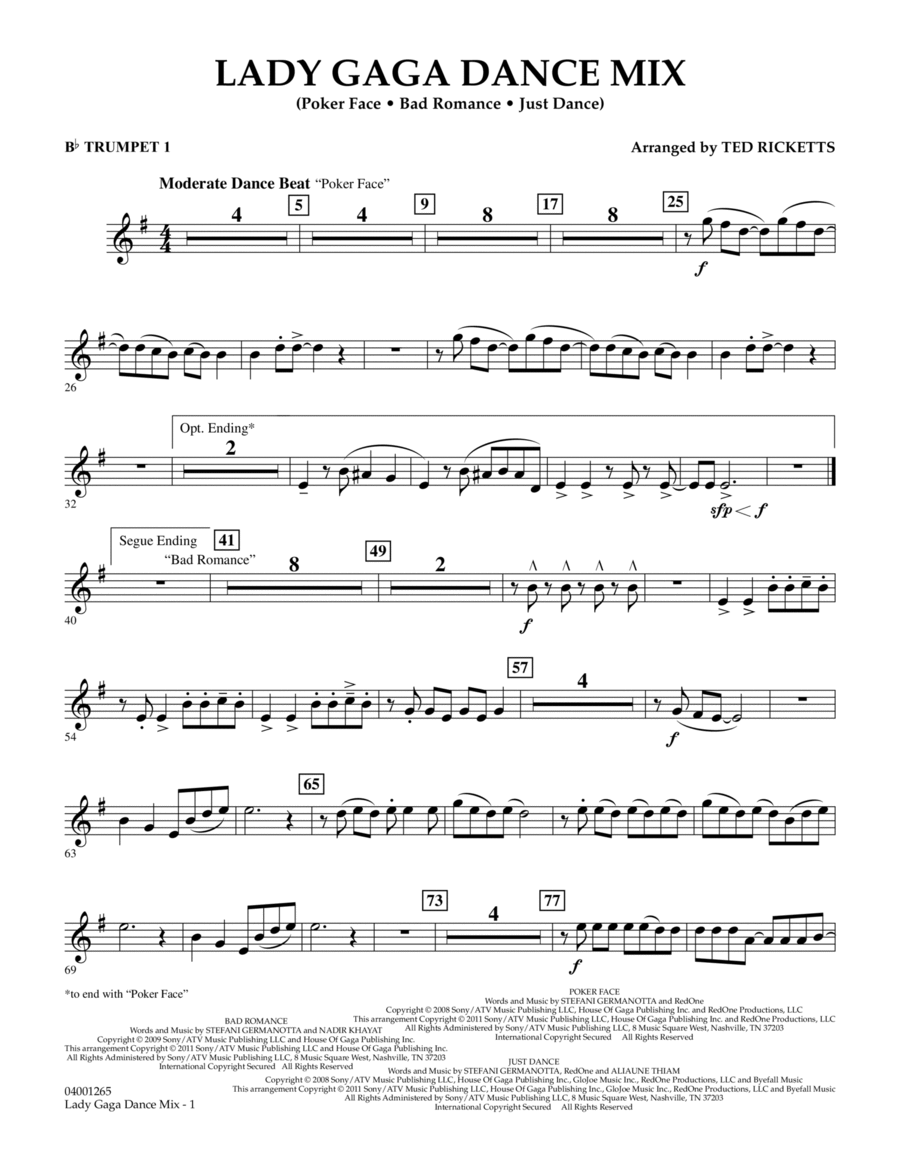 Lady Gaga Dance Mix - Bb Trumpet 1 Concert Band scores gallery preview page 1