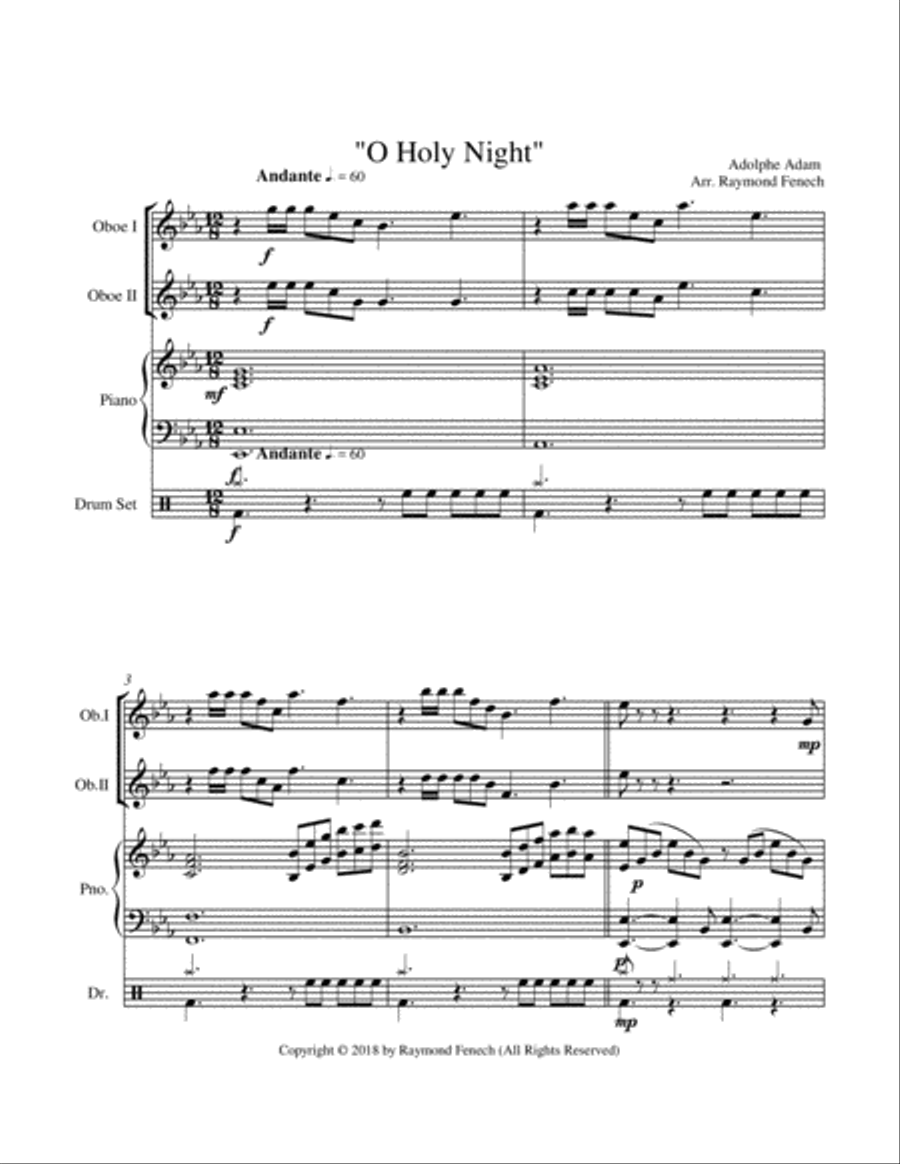 O Holy Night - 2 Oboes, Piano and Optional Drum Set - Intermediate Level Woodwind Duet scores gallery preview page 4