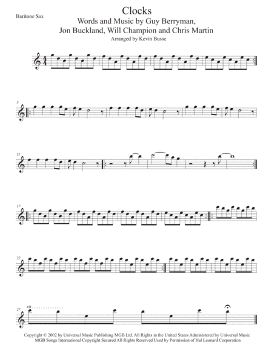 Clocks Baritone Saxophone scores gallery preview page 1