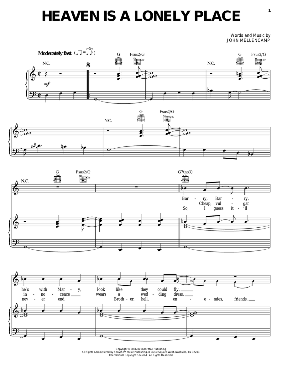 Heaven Is A Lonely Place Piano, Vocal, Guitar scores gallery preview page 1