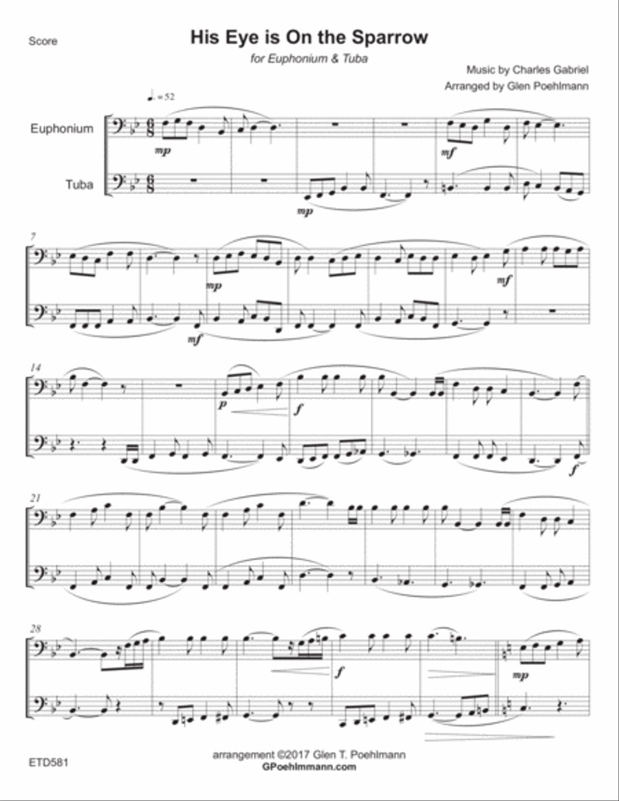 HIS EYE IS ON THE SPARROW - Duet for EUPHONIUM (Trombone) & TUBA Brass Duet scores gallery preview page 1