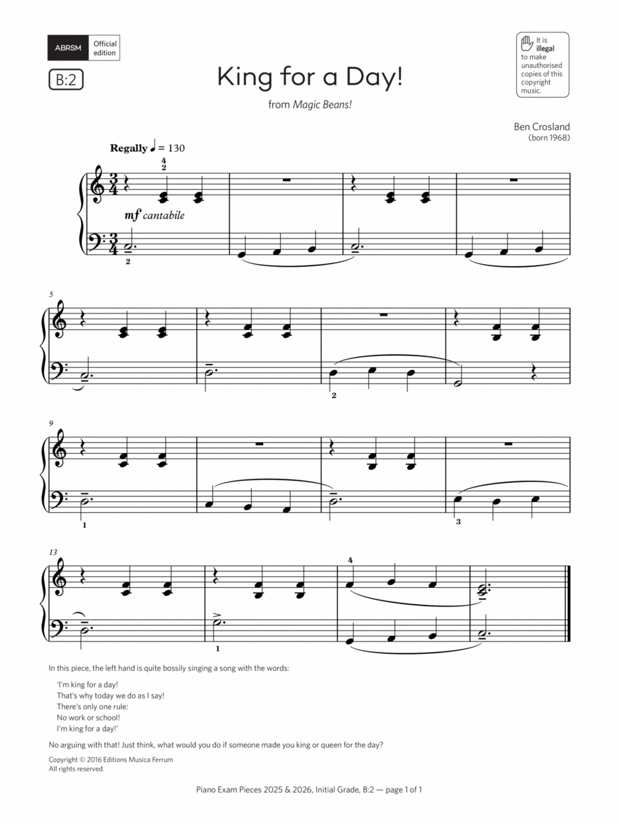 King for a Day! (Grade Initial, list B2, from the ABRSM Piano Syllabus 2025 & 2026) Piano Method scores gallery preview page 1