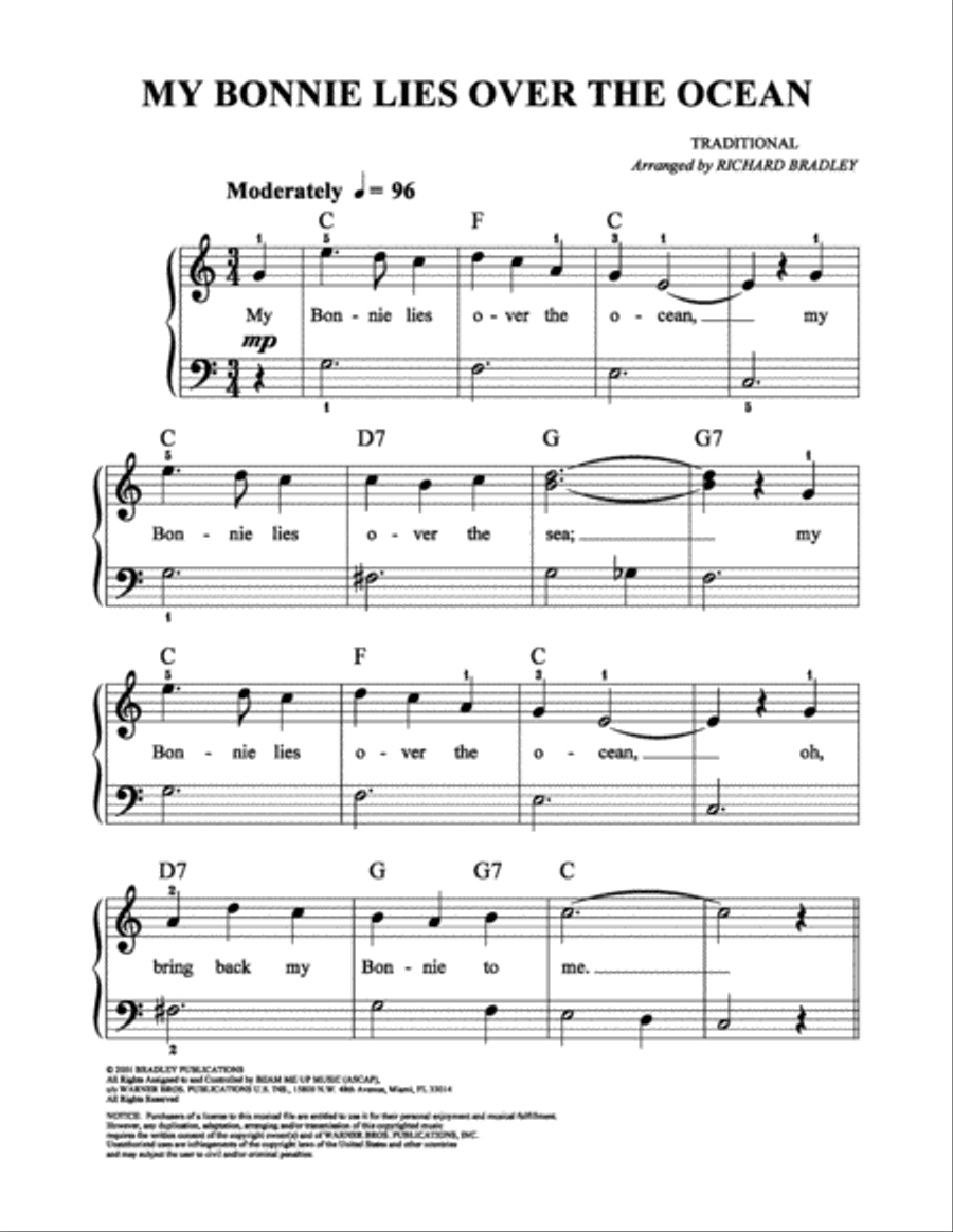 My Bonnie Lies Over the Ocean Easy Piano scores gallery preview page 1