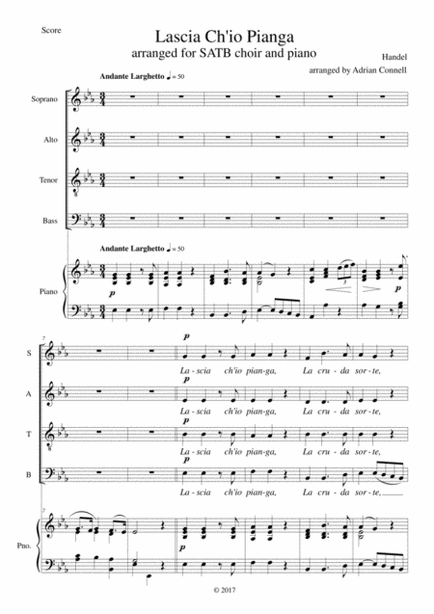 Handel Lascia Ch'io Pianga arranged for SATB choir and piano (or organ)