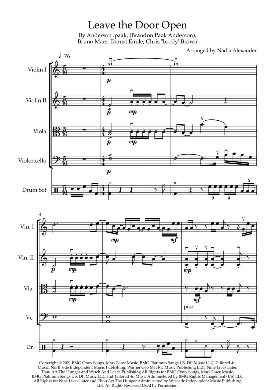 Leave The Door Open String Quartet scores gallery preview page 1