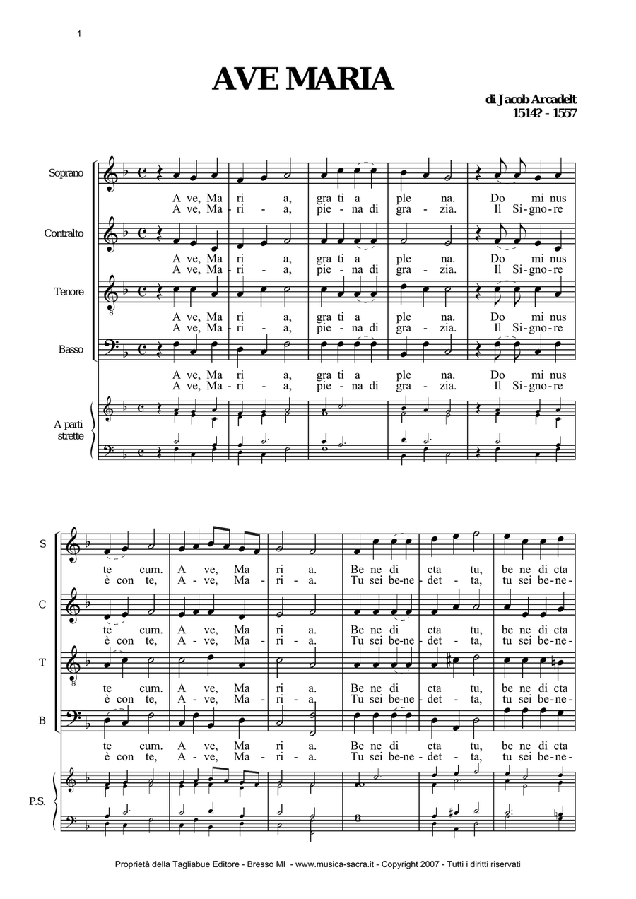 AVE MARIA - J. Arcadelt - For SATB Choir and Organ 4-Part scores gallery preview page 1