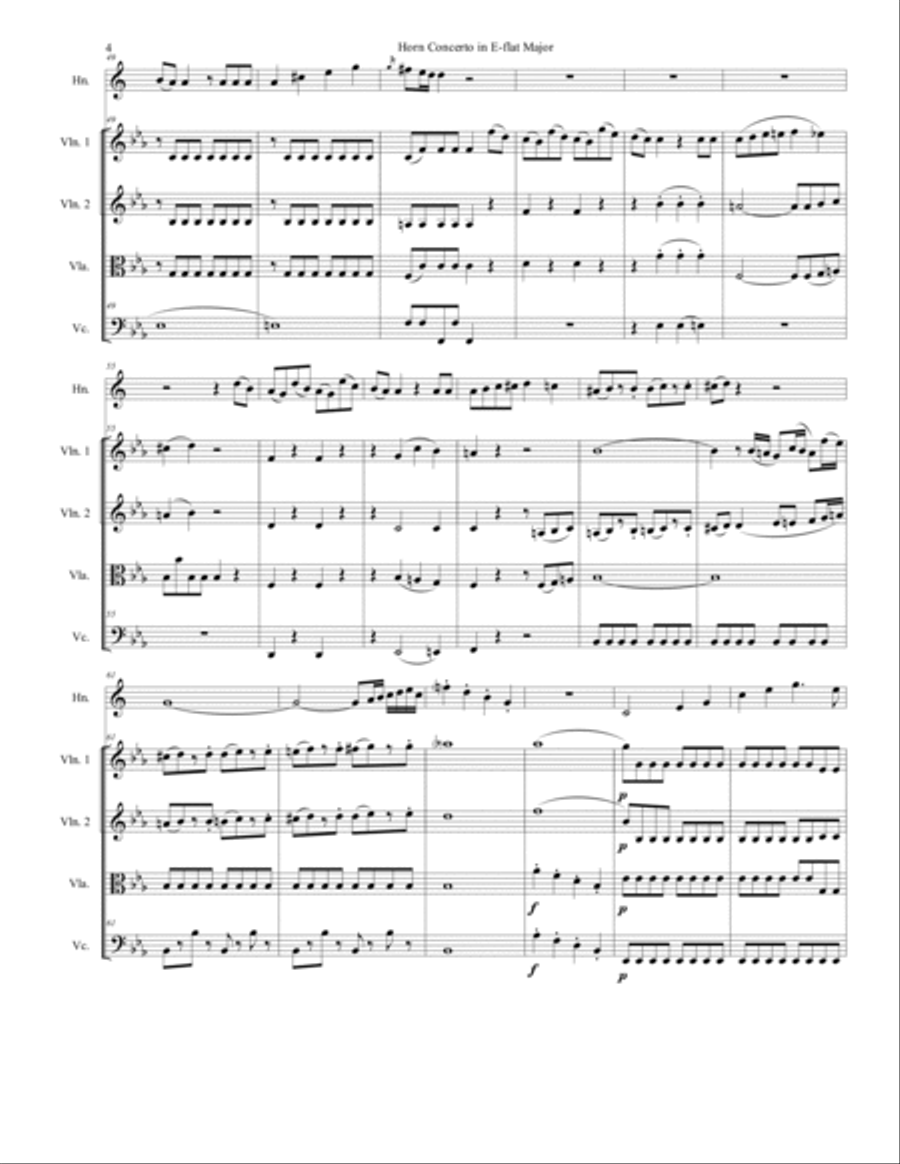 Mozart - Horn Concerto No. 3 Movement 1 - Horn & String Quartet String Quartet scores gallery preview page 5