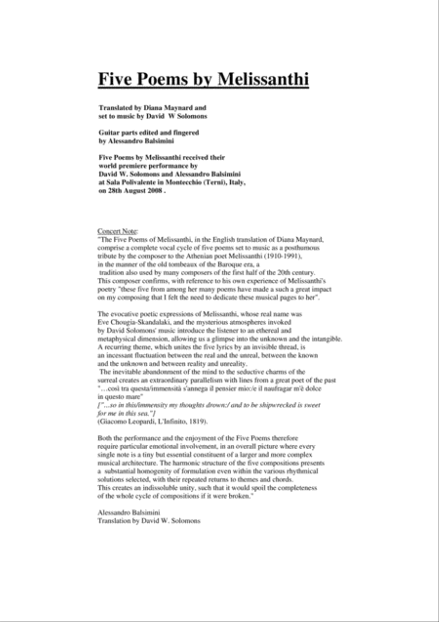 David Warin Solomons: Five Poems by Melissanthi for medium voice and guitar Small Ensemble scores gallery preview page 1