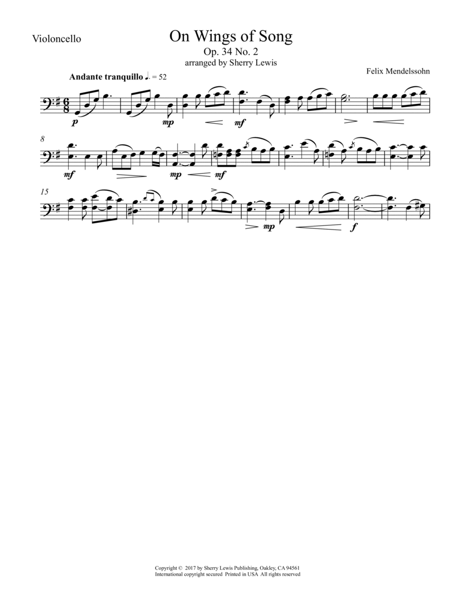 On Wings Of Song Op. 24 No. 2 for Cello Solo image number null
