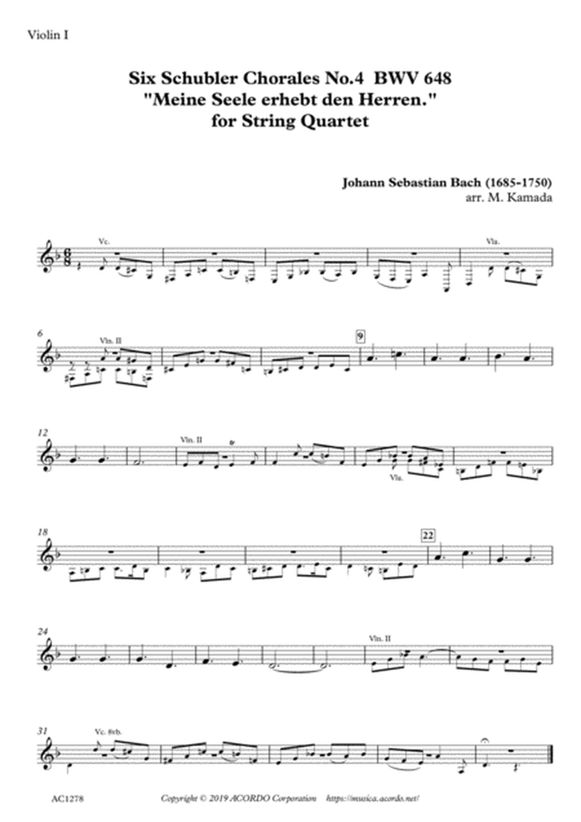 Six Schubler Chorales No.4 BWV648 "Meine Seele erhebt den Herren." for String Quartet image number null