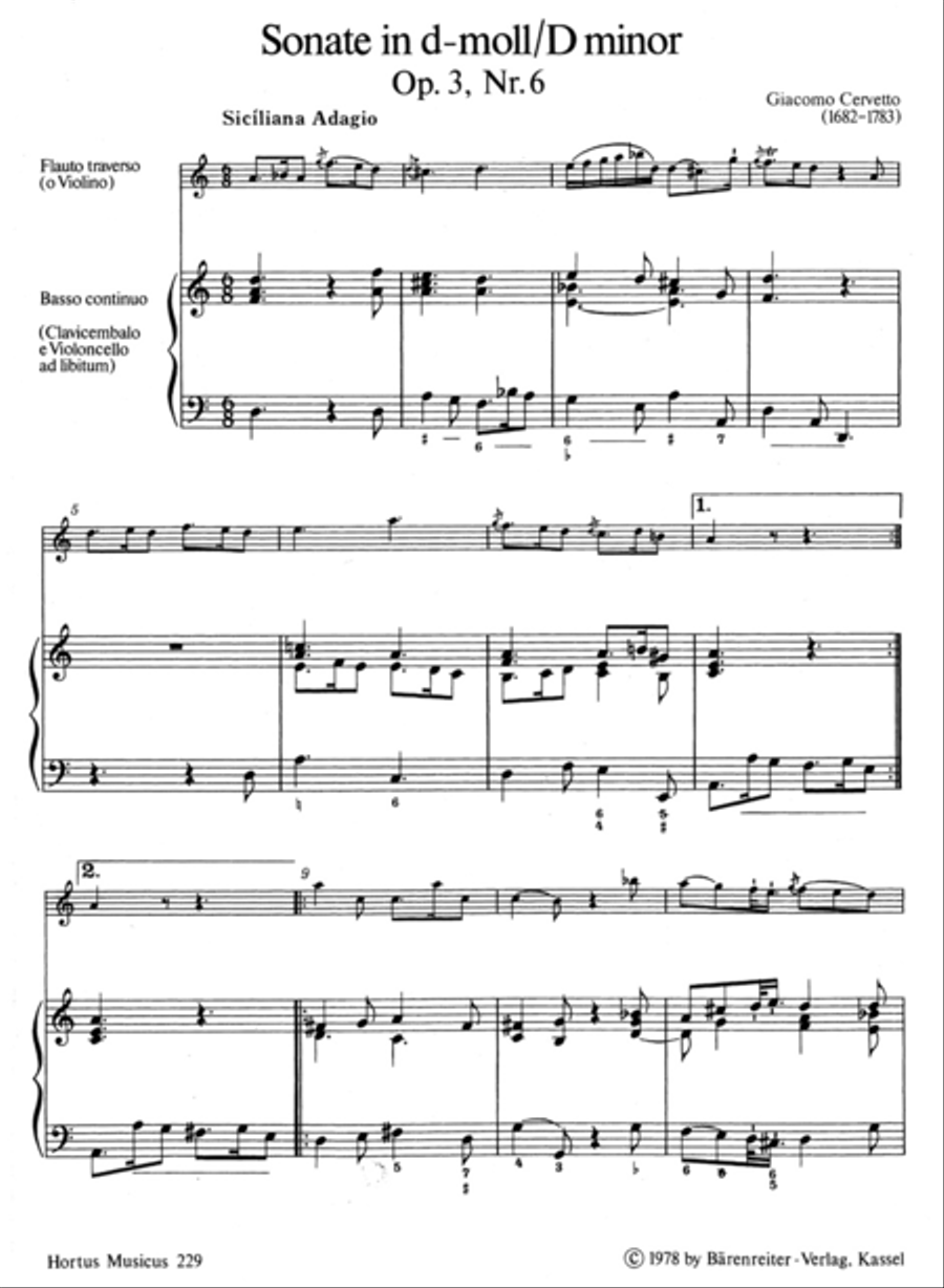 Sonate for Flute (Violin) and Basso continuo d minor op. 3/6 Flute scores gallery preview page 2