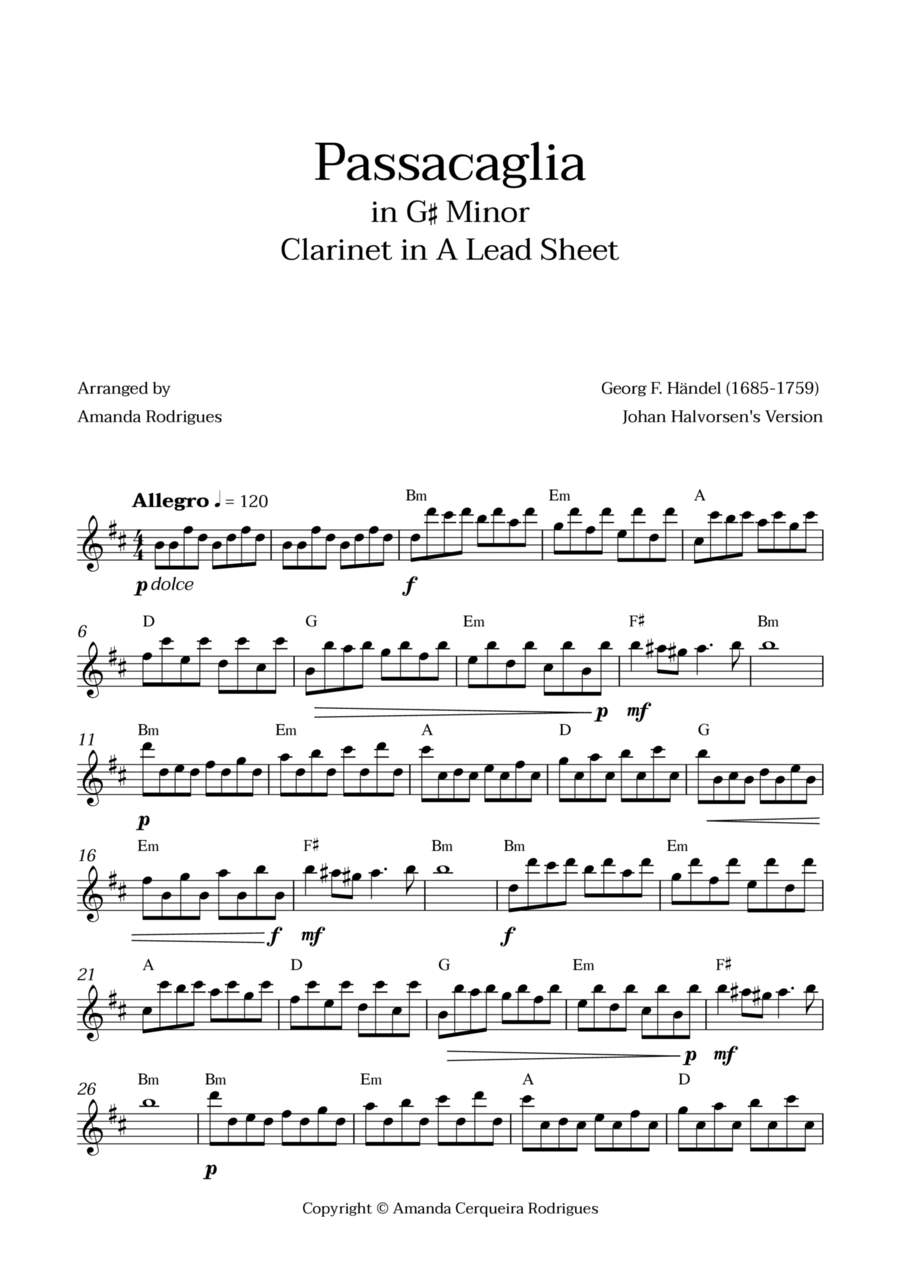 Passacaglia - Easy Clarinet in A Lead Sheet in G#m Minor (Johan Halvorsen's Version) A Clarinet scores gallery preview page 1