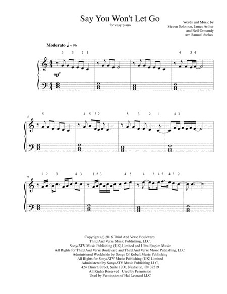 Say You Won't Let Go - James Arthur Sheet music for Piano (Solo)