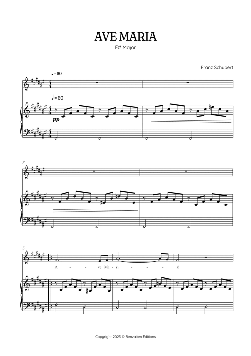 Schubert Ave Maria in F sharp major [ F# ] • soprano sheet music with easy piano accompaniment image number null