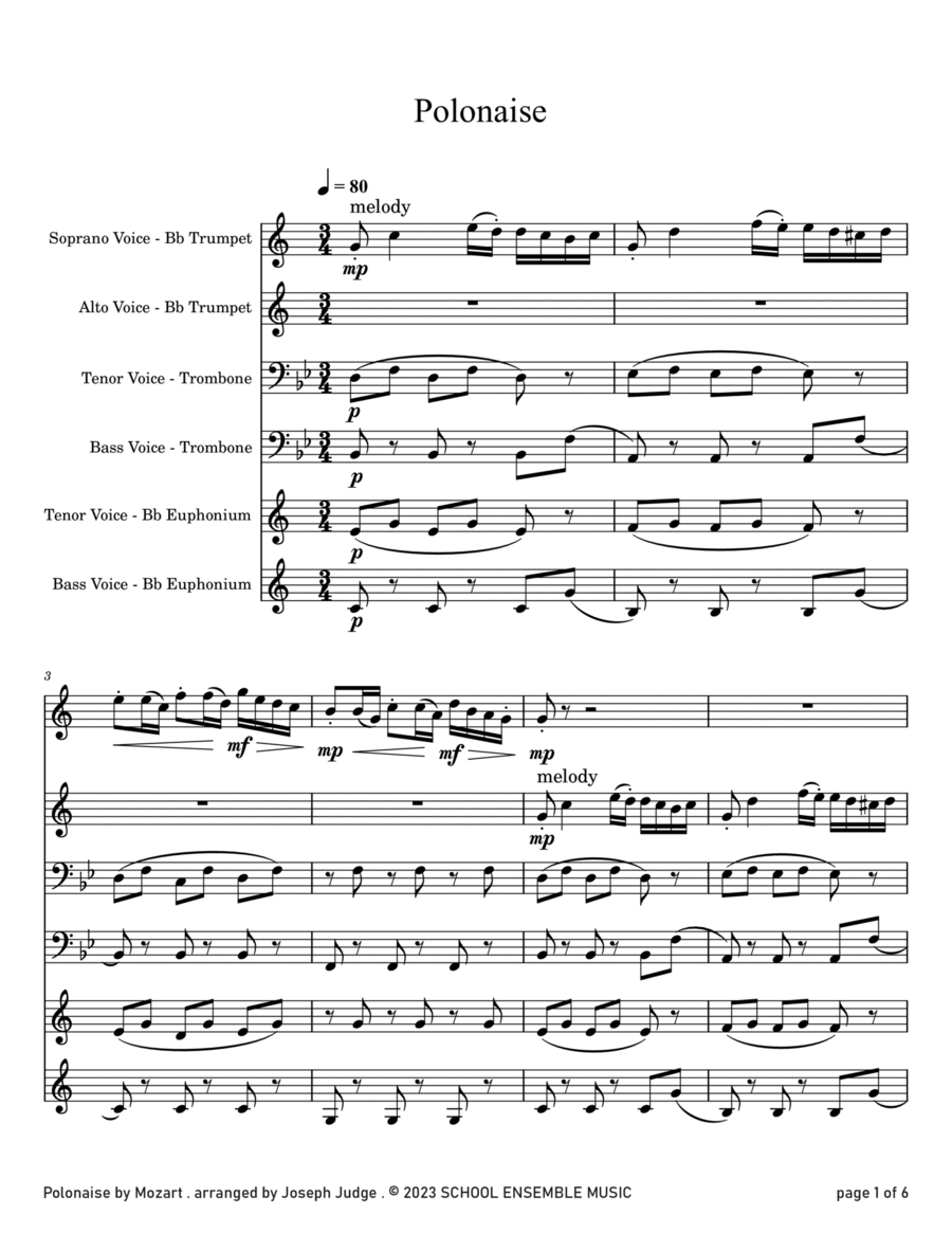 Polonaise by Mozart for Brass Quartet in Schools Brass Quartet scores gallery preview page 1