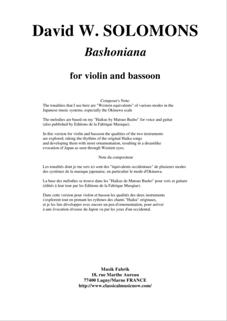 David Warin Solomons: Bashoniana for violin and bassoon Bassoon scores gallery preview page 1