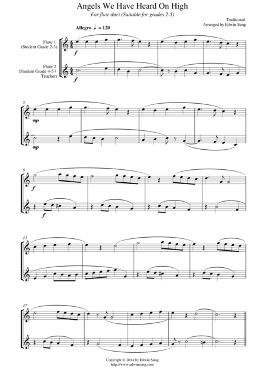 Angels We Have Heard On High (for flute duet, suitable for grades 2-6) Flute Duet scores gallery preview page 1