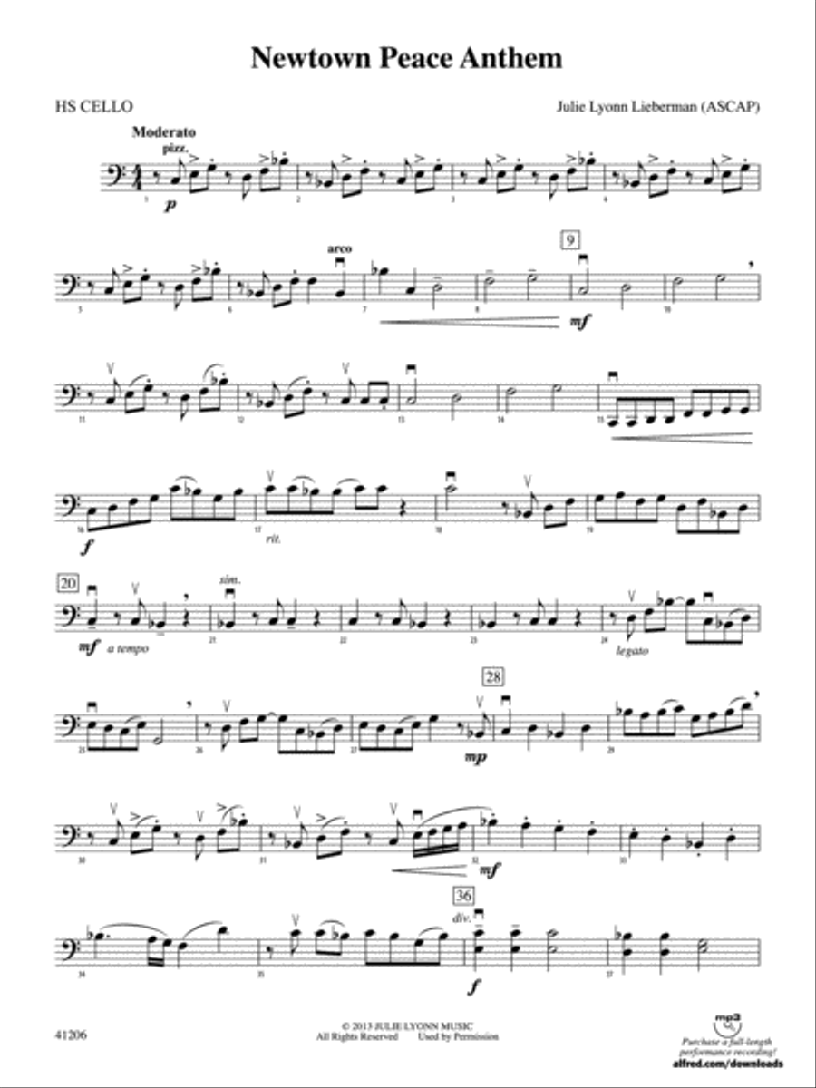 Newtown Peace Anthem: HS Cello String Orchestra scores gallery preview page 1