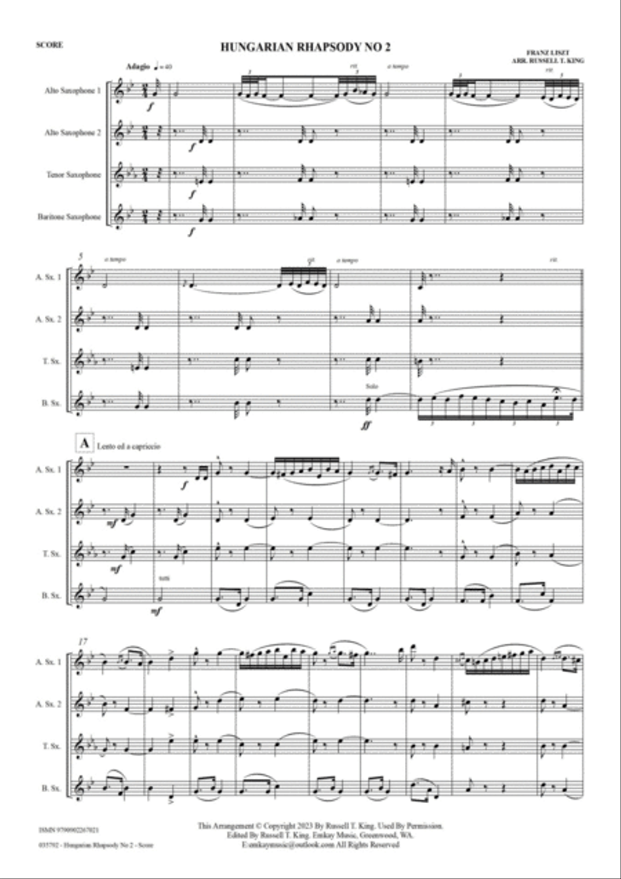 HUNGARIAN RHAPSODY NO 2 – SAXOPHONE QUARTET Saxophone Quartet scores gallery preview page 2